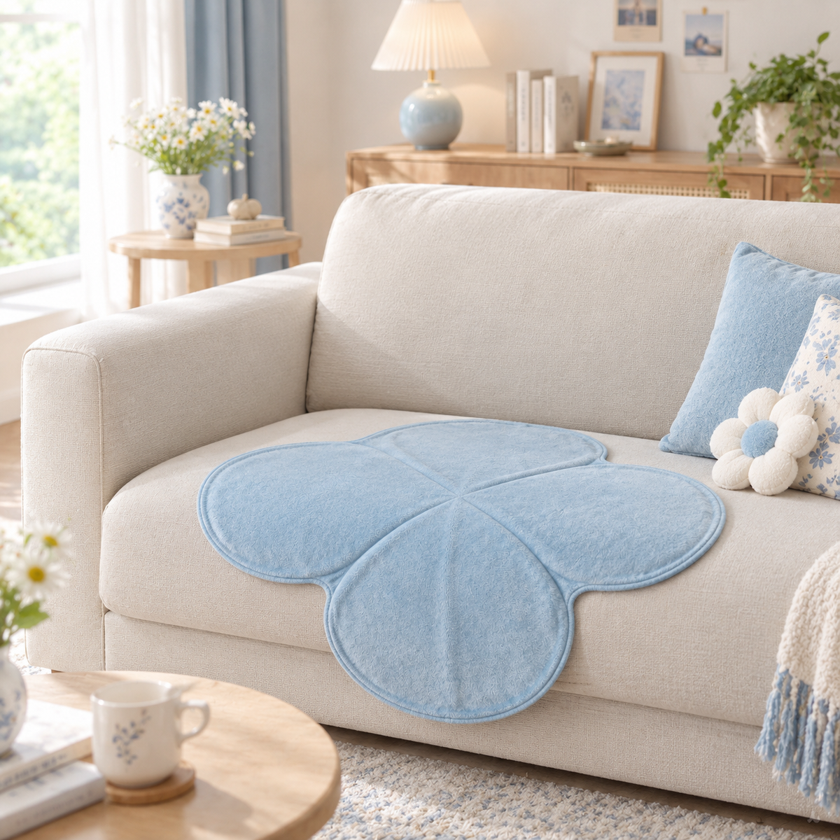 Light Blue Clover Shape Plush Sofa Towel