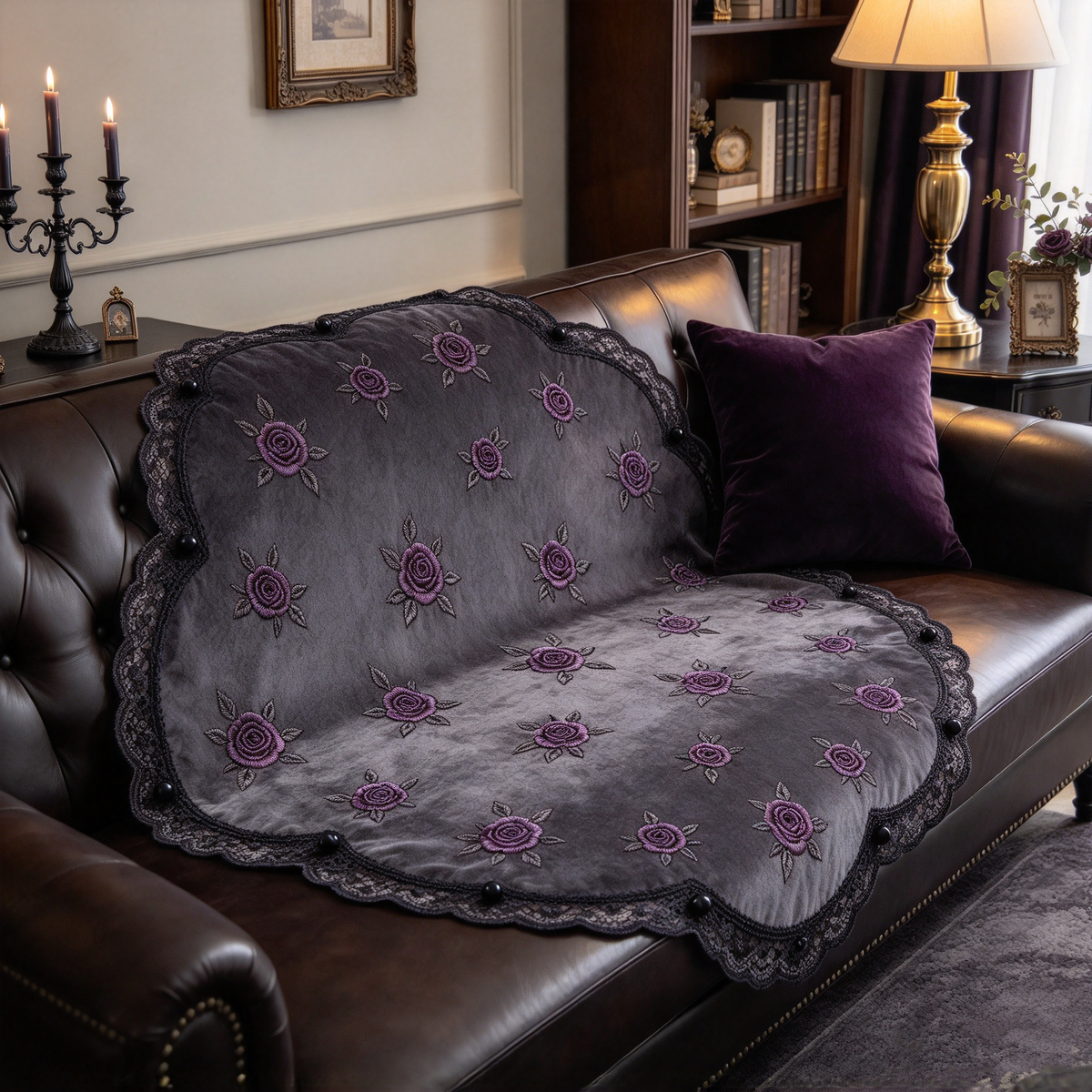 Grey Purple Rose Lace Round Sofa Towel