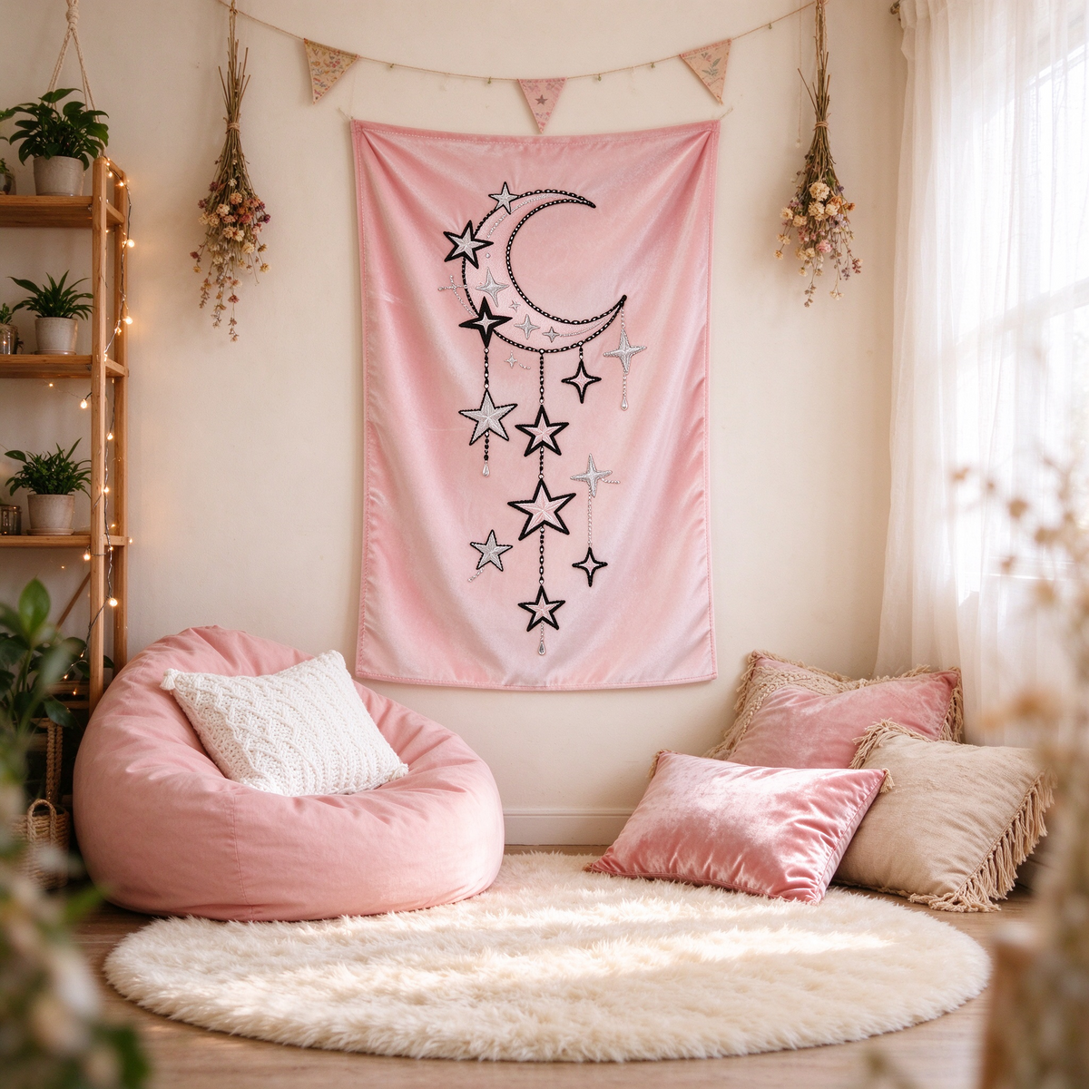 Pink Moon Star Velvet Tapestry