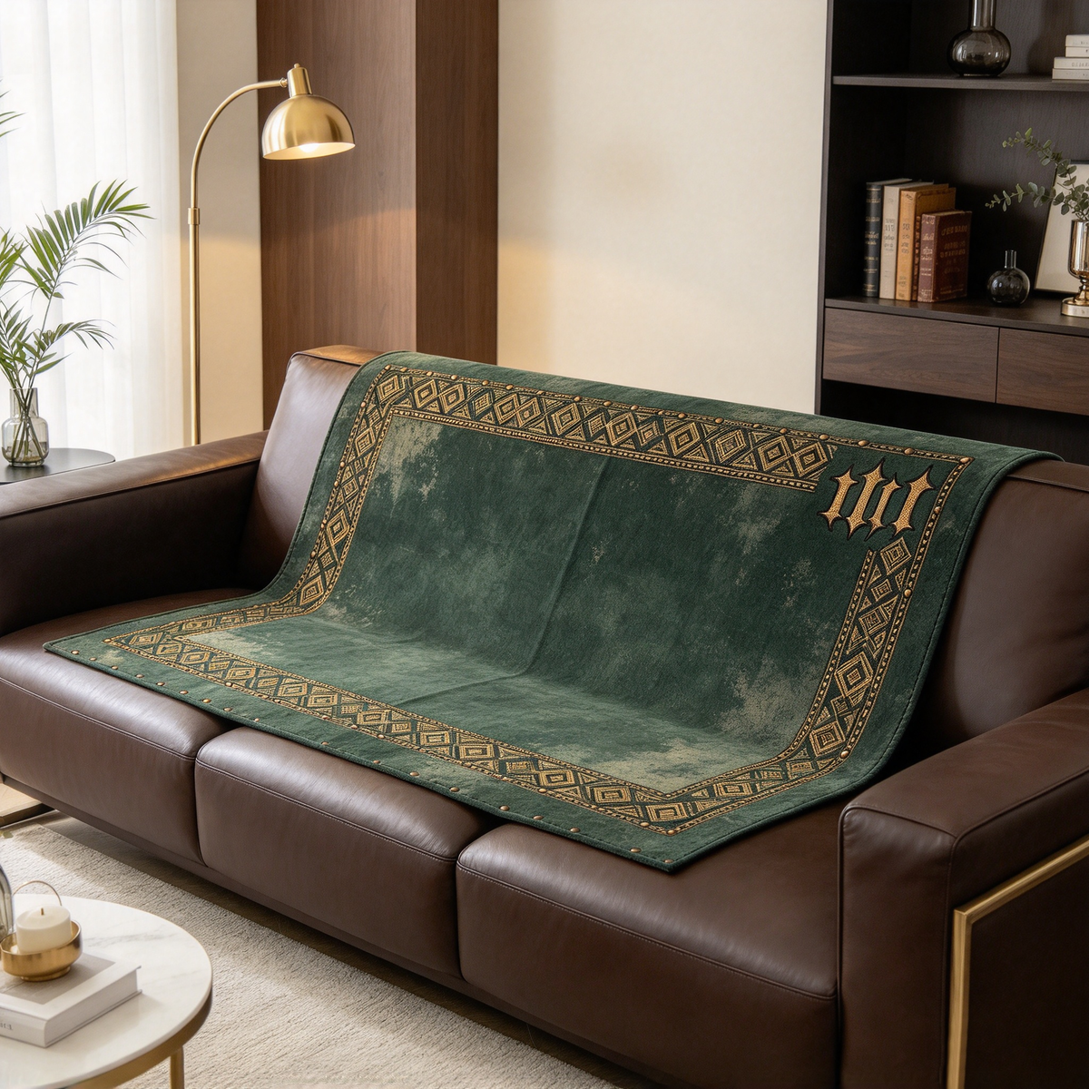 Emerald Geometric Sofa Towel with Gold Border