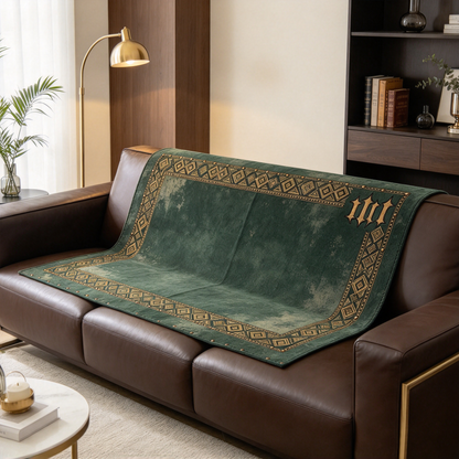 Emerald Geometric Sofa Towel with Gold Border