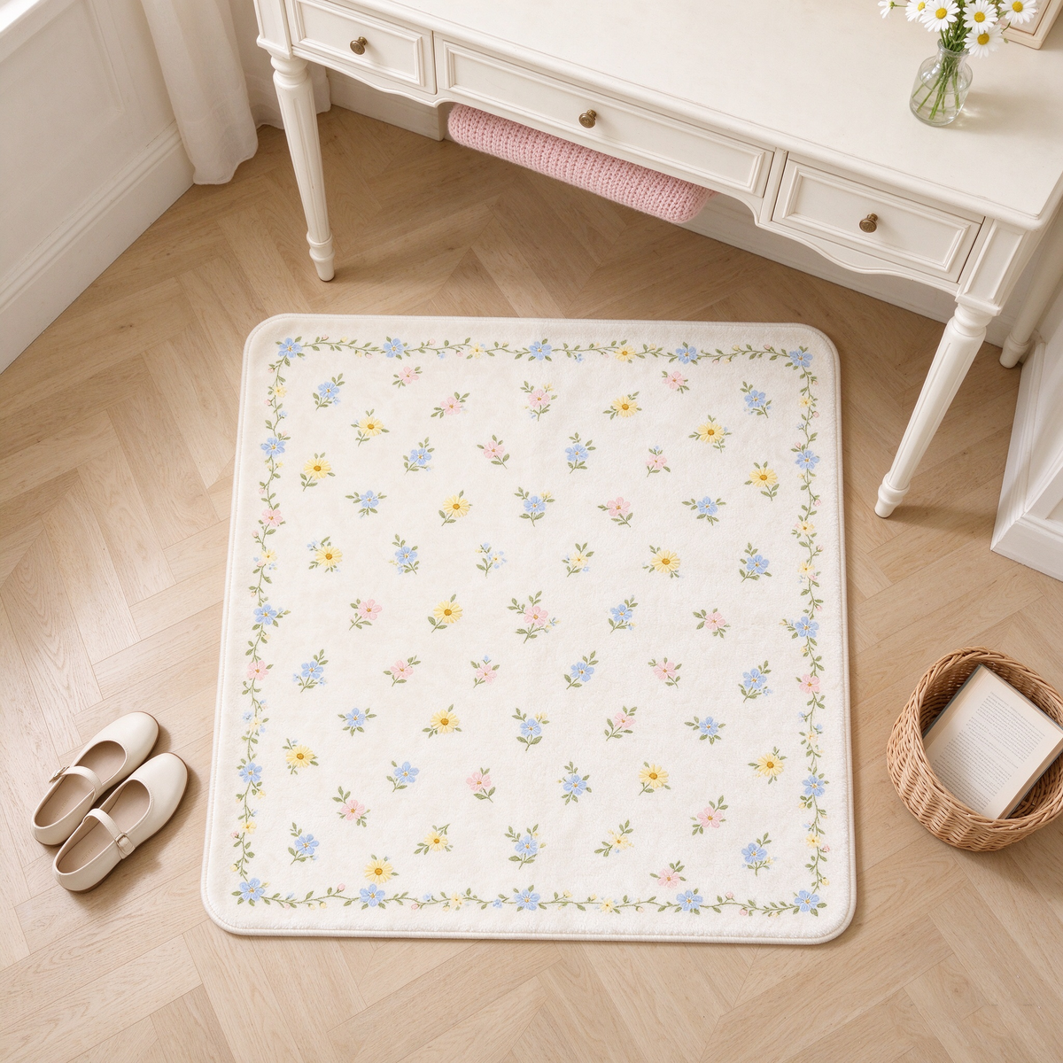 Cream Ditsy Floral Square Rug