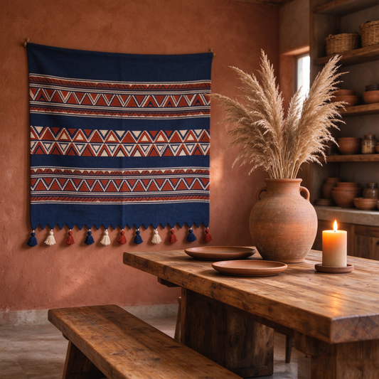 Navy Orange Geometric Tassel Tapestry
