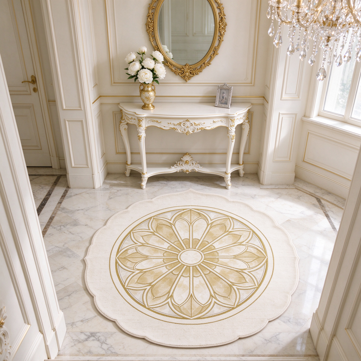 Gold Mandala Scalloped Round Rug