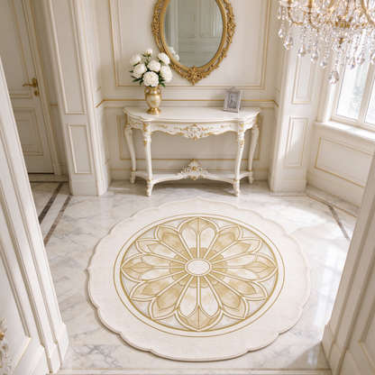 Gold Mandala Scalloped Round Rug