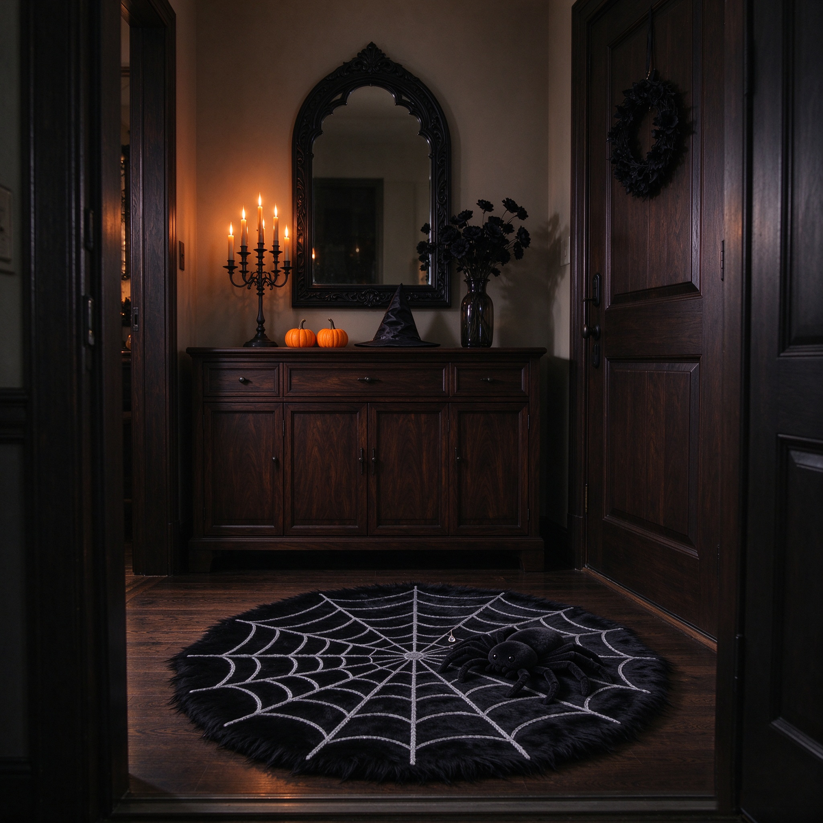 Black Spiderweb Round Plush Rug