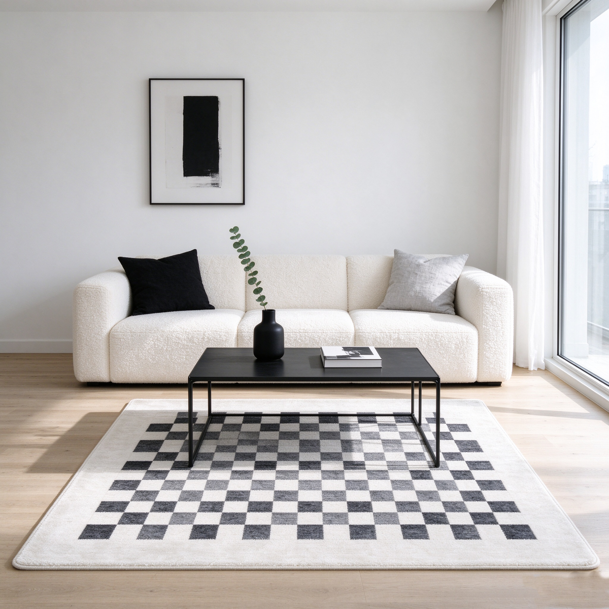 Cream Grey Checkered Square Rug