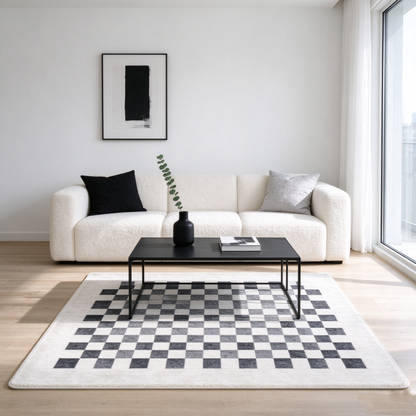 Cream Grey Checkered Square Rug