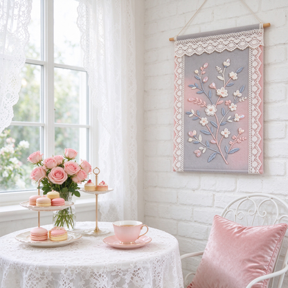 Grey Pink Lace Floral Tapestry