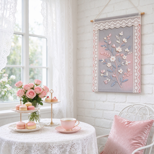 Grey Pink Lace Floral Tapestry