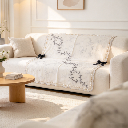 White Vine Embroidery Pearl Sofa Towel