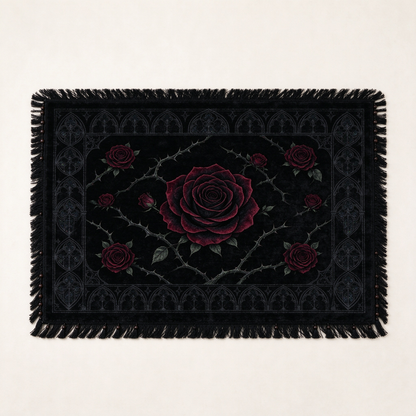 Gothic Black Rose Fringe Rug