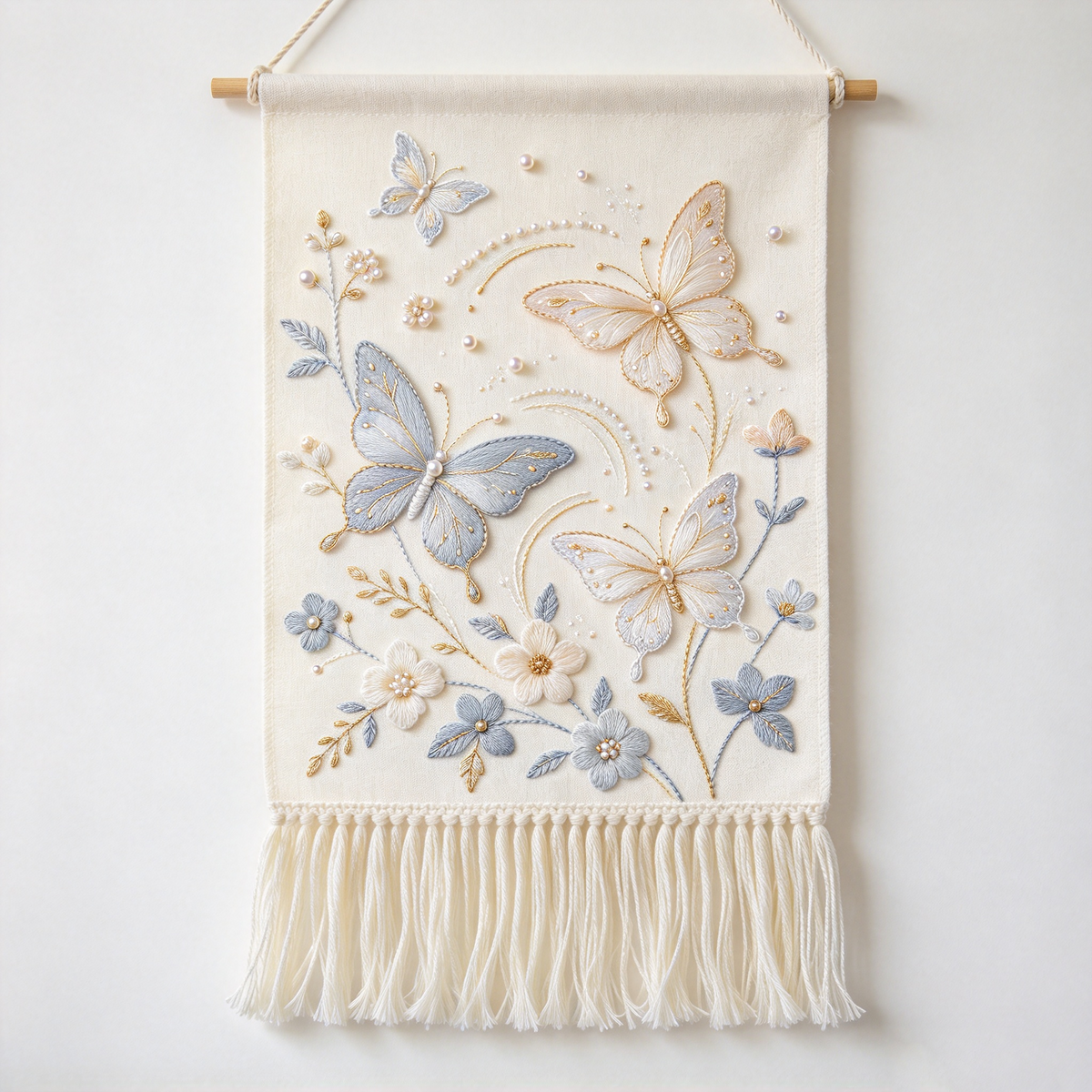 Grey Gold Butterfly Pearl Fringe Tapestry